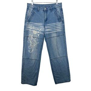 Retro 90s Womens Jeans Sz 32 M Bleached Heart Print Streetwear Casual Cargo